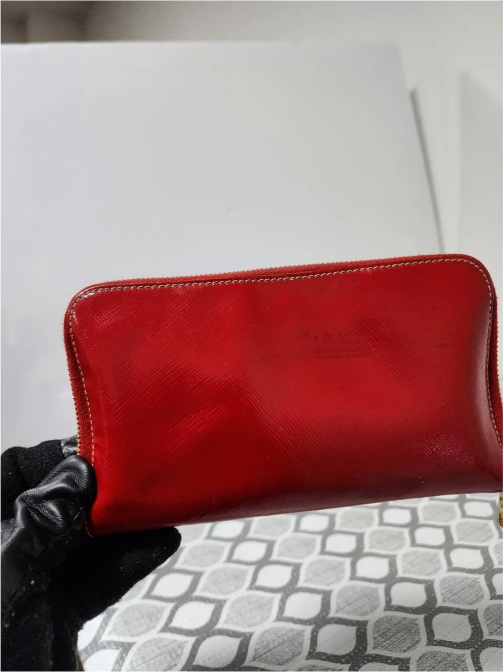 PRADA Patent Saffiano Triangle Large Zip Around Travel Wallet Red